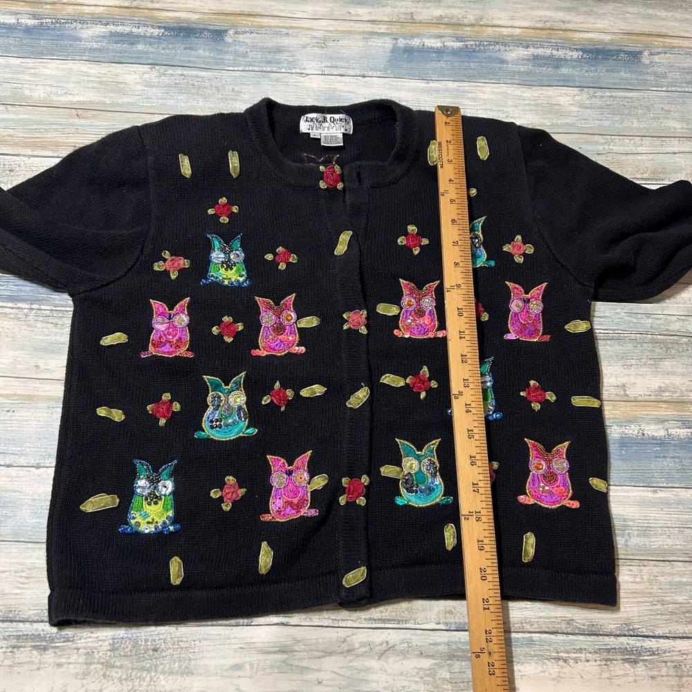 Jack B. Quick Owl Cardigan Sweater Large Black Embellished Bird Granny Grandma - Picture 7 of 9
